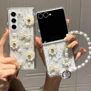 3D White Flower Pearl Bow Glitter Lanyard Bracelet Chain Samsung Z Flip Fold Pre-Order Case
