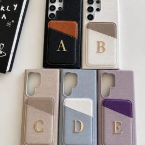 Samsung Premium Leather Card Holder Textured Custom Initial Golden Metal Letter Case