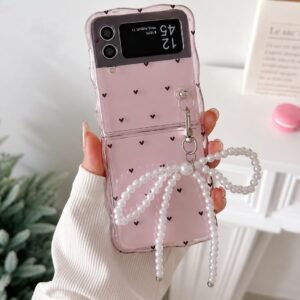 Cute Pink Hearts Bow Pearl Holder Samsung Z Flip Cases