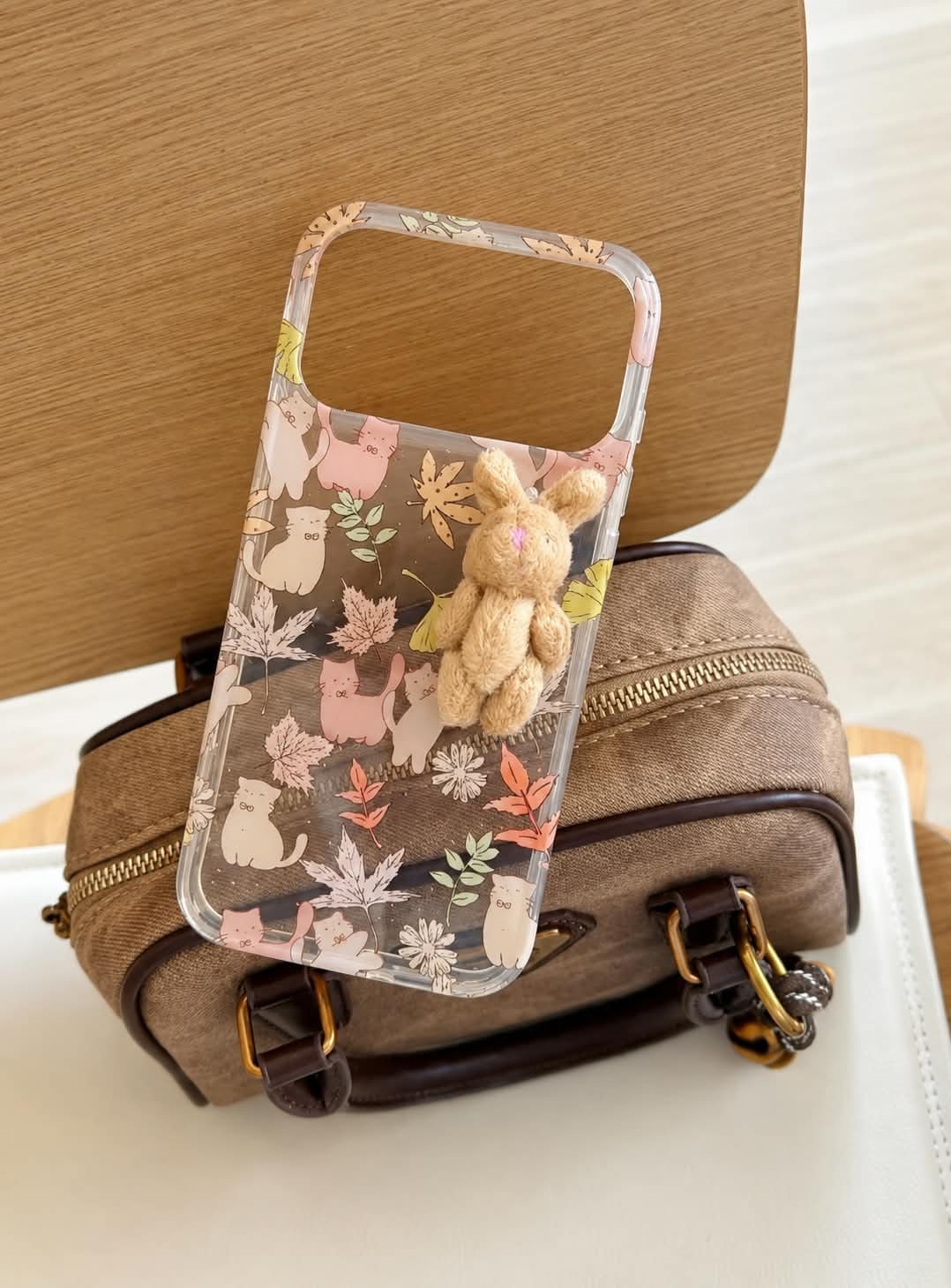 Cute Maple Leaf Cat With 3D Fur Bunny iPhone Pre-Order Soft Transparent Case - Image 3