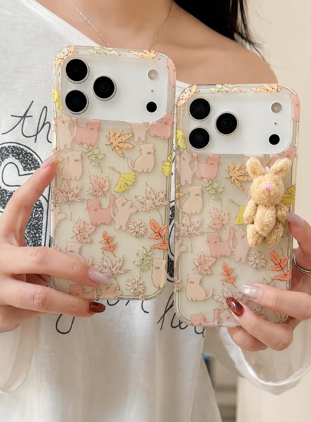 Cute Maple Leaf Cat With 3D Fur Bunny iPhone Pre-Order Soft Transparent Case - Image 2