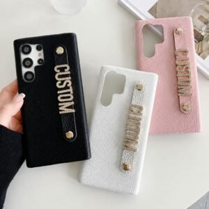 Samsung Black Leather Pebble Texture Custom Strap Bracelet Case For S24 Ultra