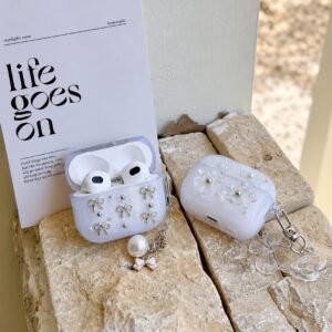 3D Glitter Silver Bow Transparent Airpod Case With Hanging