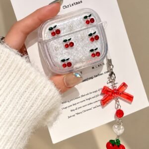 Red Cherry Silver Glitter Airpod Pre-Order Case With Cute Red Bow Hanging