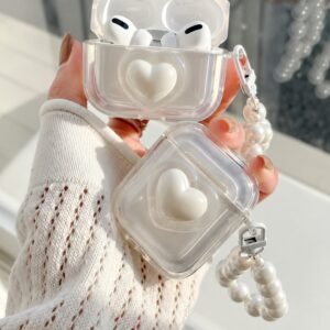 3D White Heart Transparent Pre-Order Airpod Case With Pearl Lanyard
