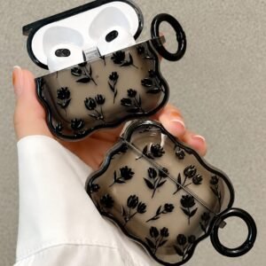 3D Black Floral Silicone Airpod Case With Ring Hanging